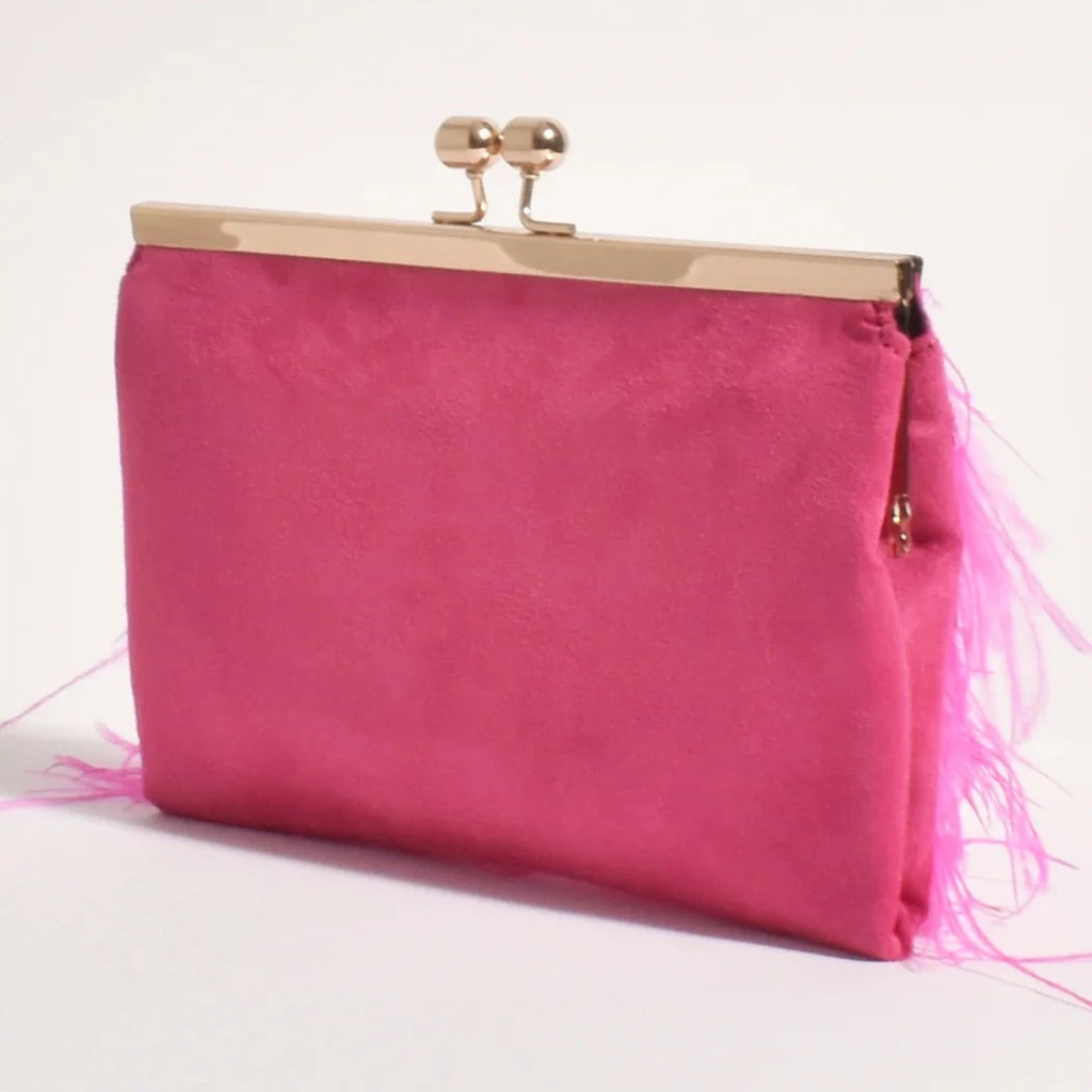 Adorne | Feather Front Clutch - Hot Pink