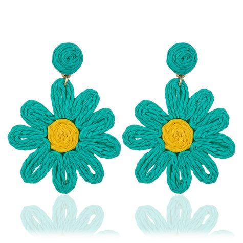 TID | Raffia Daisy Flower Fiesta Earrings Green & Yellow