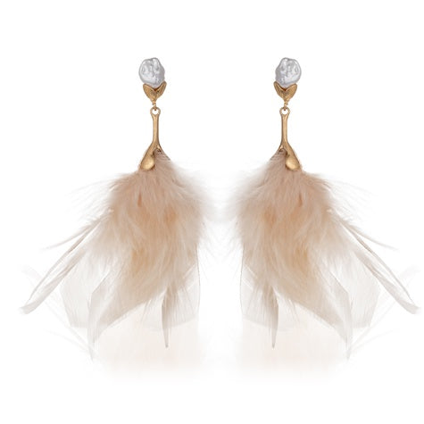 TID | Feather Dangles with Fresh Water Pearl Earrings Cream