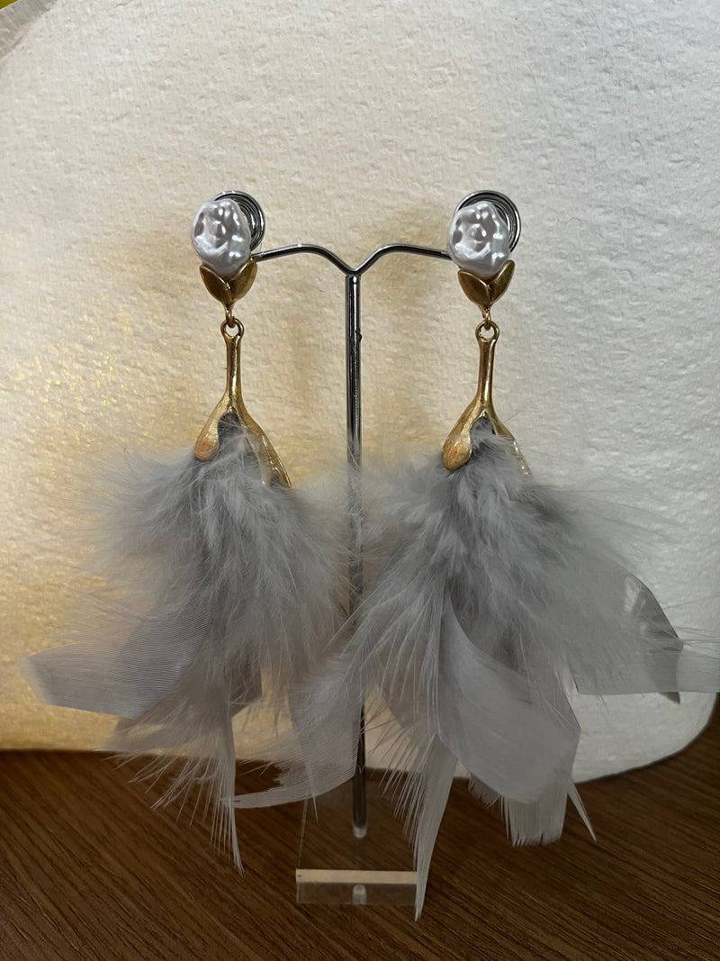 TID | Feather Dangles with Fresh Water Pearl Earrings grey