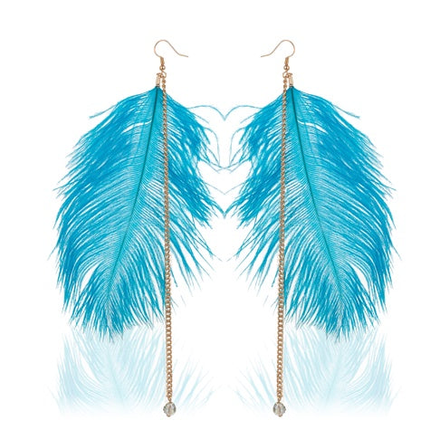 TID | Feather Dangles with gold chain drop  Earrings Blue