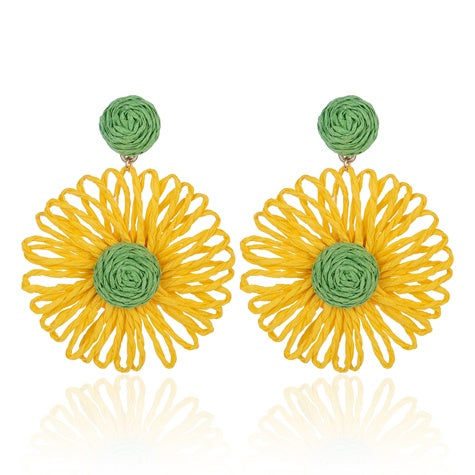 TID | Raffia Flower Fiesta Earrings Yellow & Green Sunflower