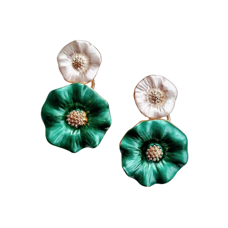 Zoda Dangles |Earrings - Double flower - Emerald/pearl/gold