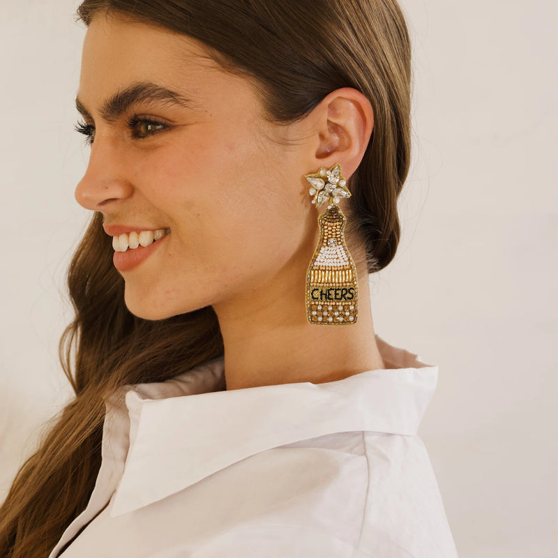 Zoda | Beaded Cheers Champagne Bottle Earring Gold