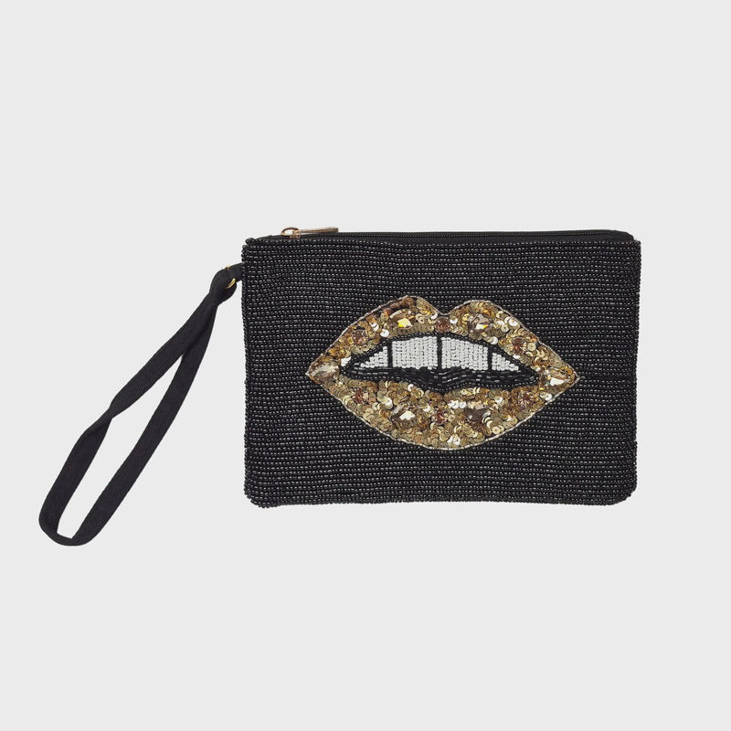 Zoda | Large Gold Lips Black Beaded Clutch