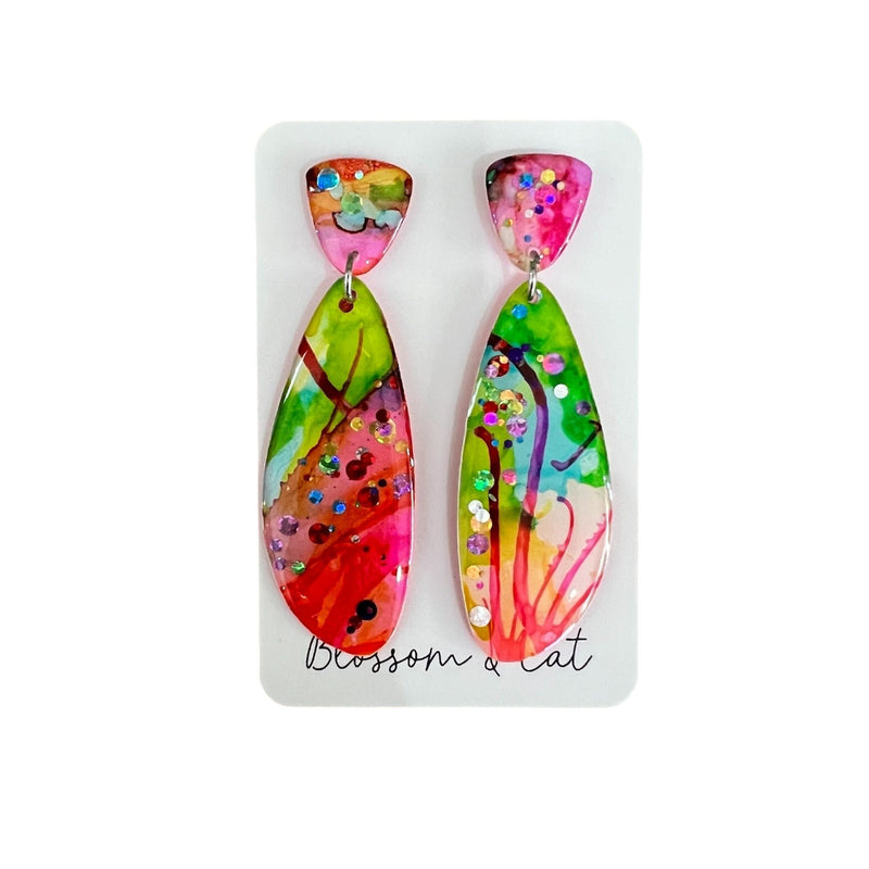 Blossom and Cat | Ink and Resin Earring | Petal - Multi