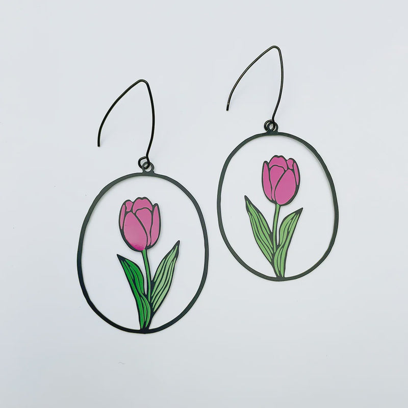 Denz | Tulip Flower earrings in Black/Pink/Green