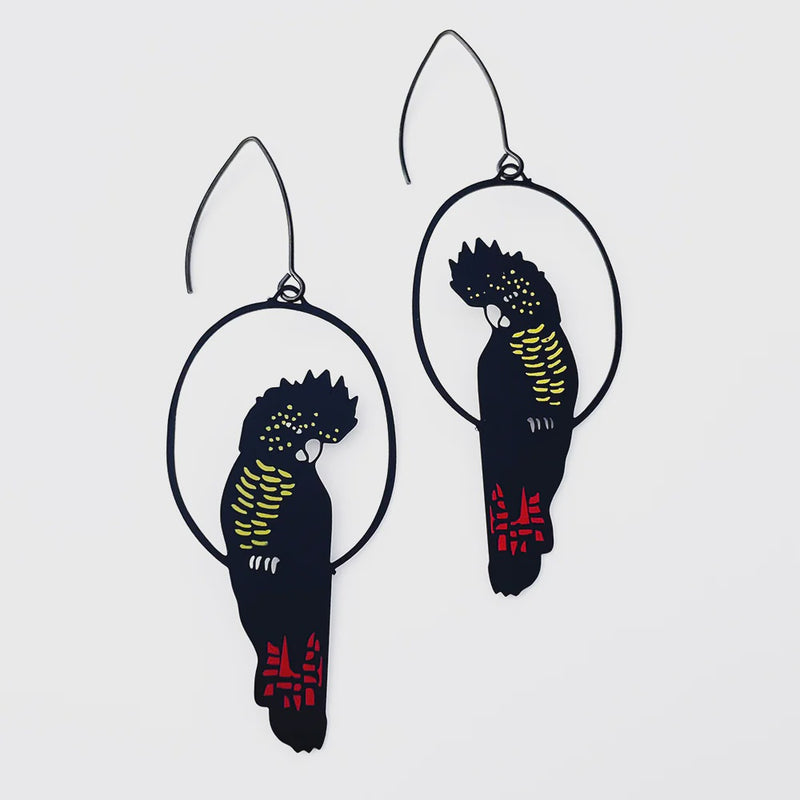 Denz | Red Tailed Black Cockatoo earrings in Black/Red/Yellow