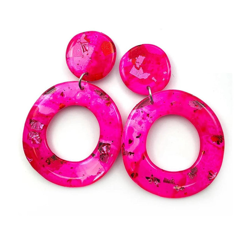 Blossom and Cat | Ink + Resin Earring · Hoop · Wide - Pink