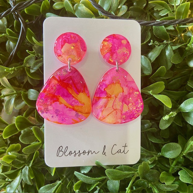 Blossom and Cat | Ink + Resin Earring - Orange/Pinks