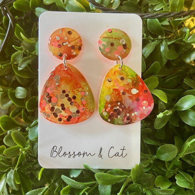 Blossom and Cat | Ink + Resin Earring - Red/Orange/Green