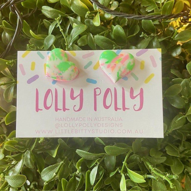 Lolly Polly | Love Heart Studs - White/Green/Pink