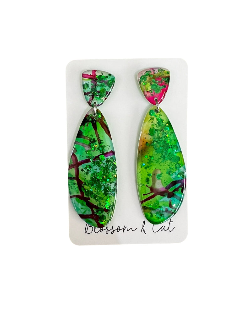 Blossom and Cat | Ink and Resin Earring | Petal - Greens