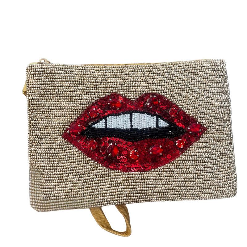 Zoda | Large Red Lips Gold Beaded Clutch