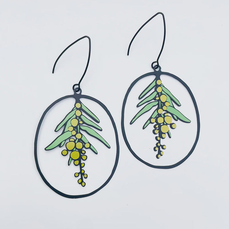 Denz | Wattle Flower earrings in Black/Yellow/Green